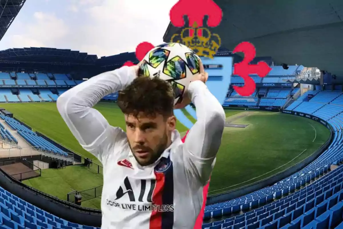 Un jugador de fútbol con el uniforme del PSG está lanzando un saque de banda en un estadio vacío con el escudo del Celta de Vigo de fondo.