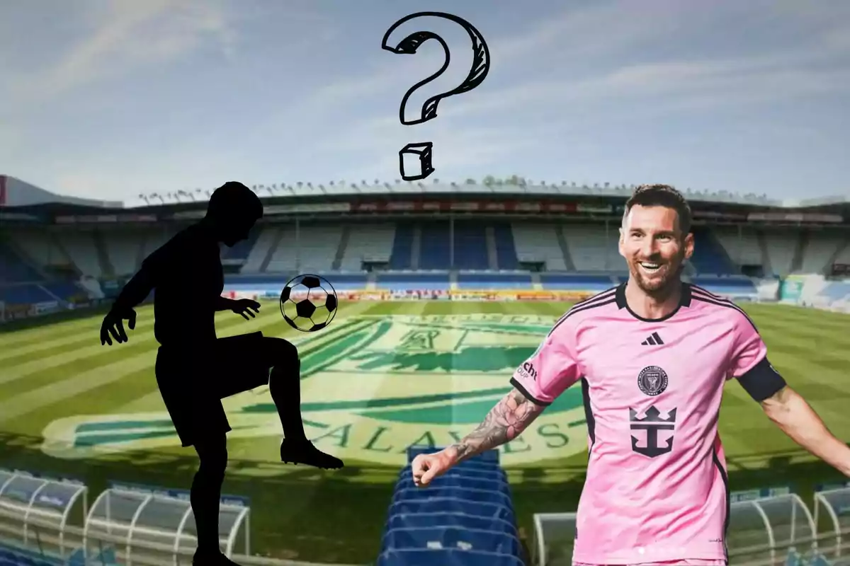 Un jugador de fútbol con una camiseta rosa sonríe en un estadio, mientras una silueta de otro jugador con un balón y un signo de interrogación están en el fondo.