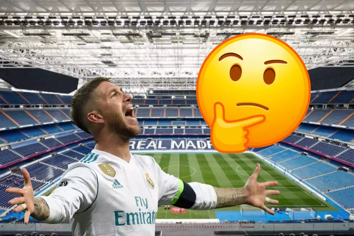 Un jugador de fútbol celebrando en un estadio con un emoji de cara pensativa superpuesto.