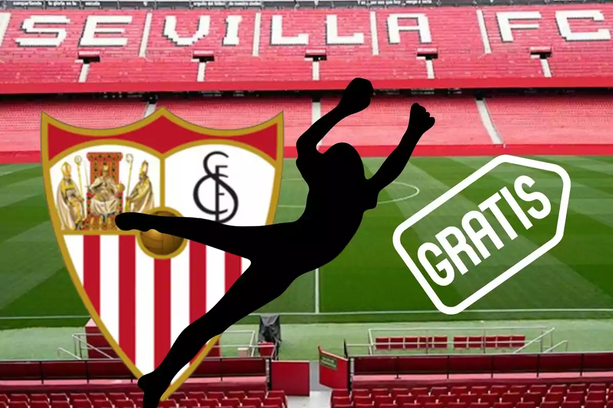 Estadio del Sevilla FC con el escudo del equipo, una silueta de portero y un letrero que dice "GRATIS".