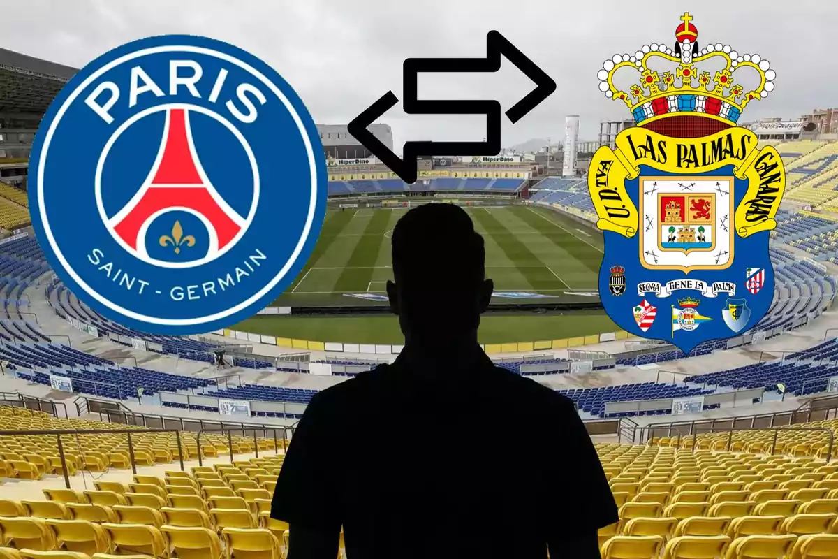 Un estadio de fútbol con los logotipos del Paris Saint-Germain y la UD Las Palmas, y una silueta de una persona en el centro.