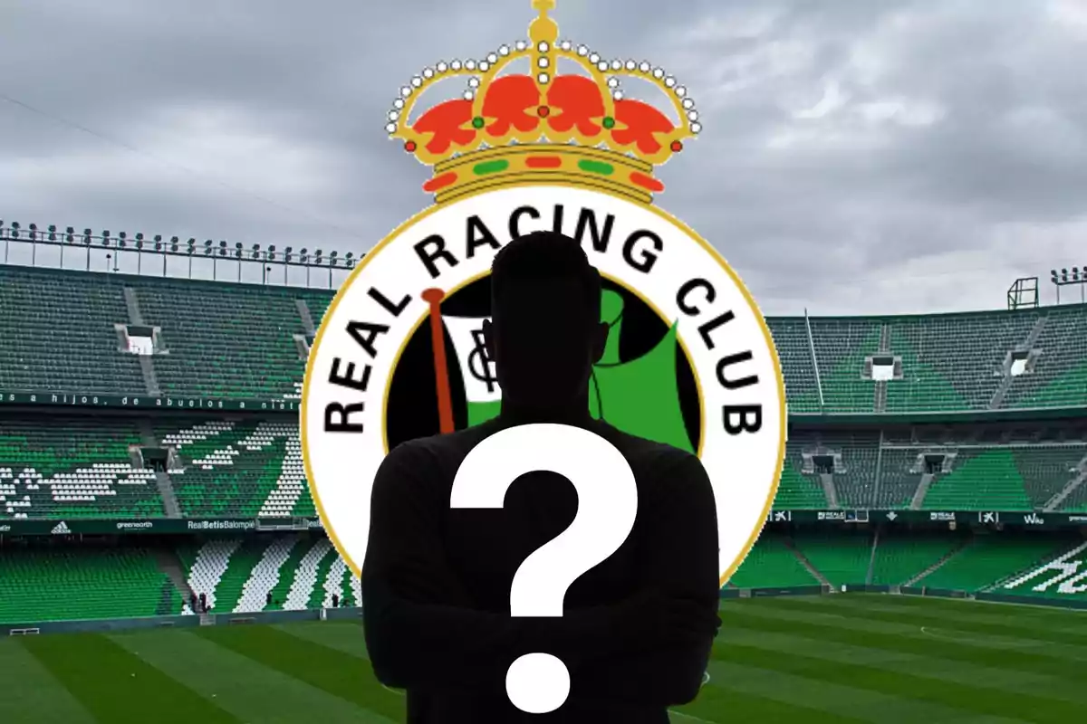 Imagen de un estadio de fútbol con el escudo del Real Racing Club y la silueta de una persona con un signo de interrogación en el centro.