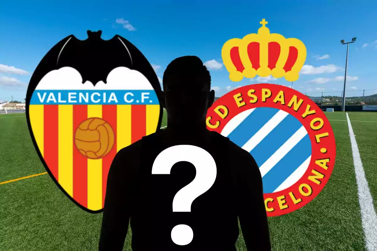 Silueta de una persona con un signo de interrogación en el centro, con los escudos del Valencia C.F. y el RCD Espanyol de fondo en un campo de fútbol.