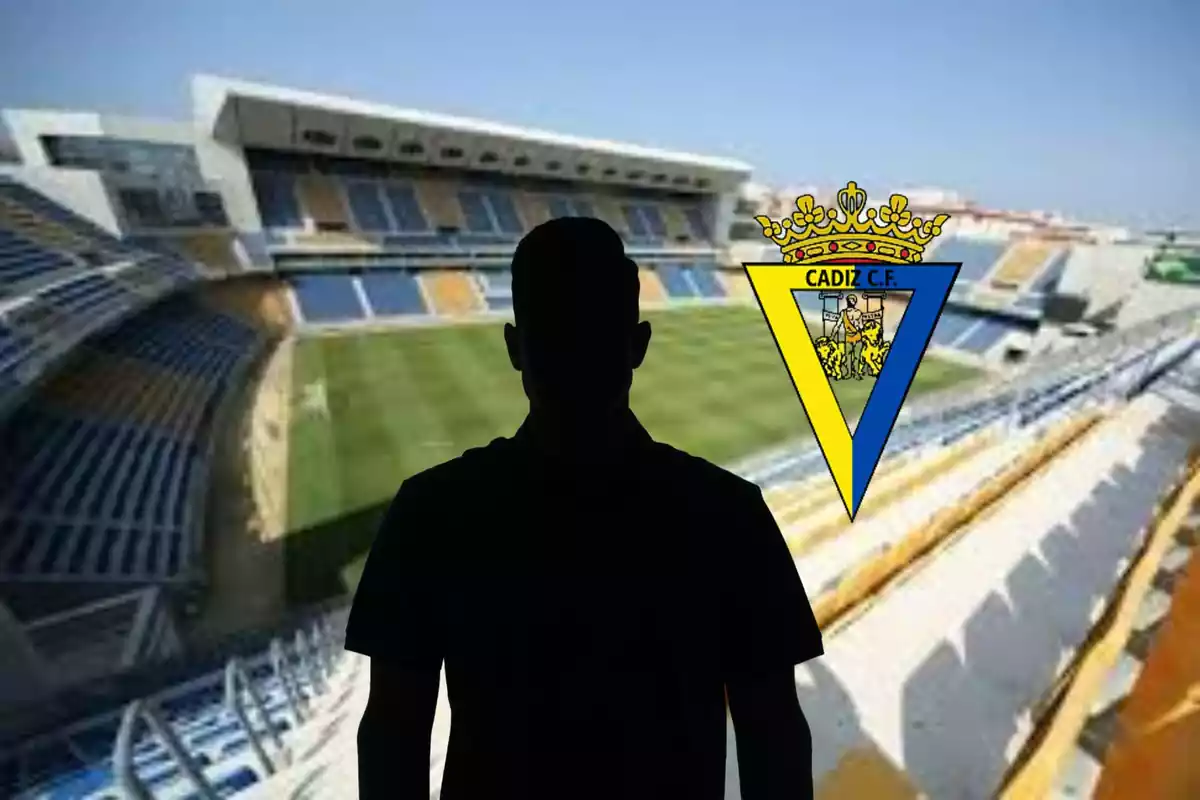 Montage con el estadio del Nuevo Mirindilla, una sombra negra en el centro de la imagen y el escudo del Cádiz FC a la derecha