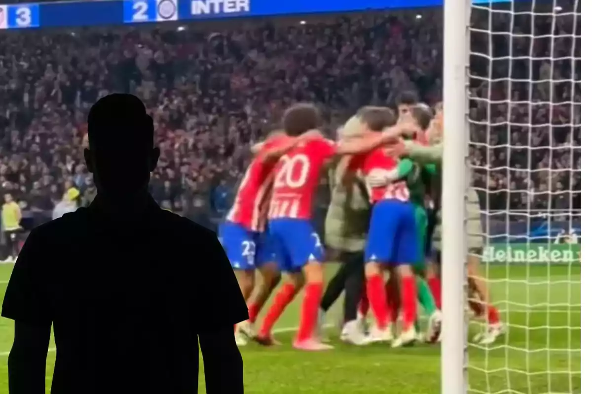 Montage con el equipo del Atlético de Madrid y una sombra negra en la parte izquierda de la imagen