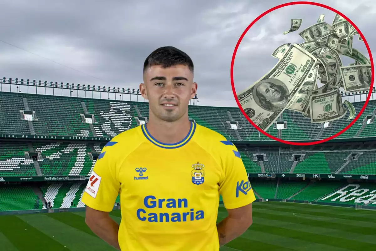 Montage con el estadio Benito Villamarín, el jugador de la UD Las Palmas, Alberto Moleiro en el centro y un círculo arriba a la derecha con billetes