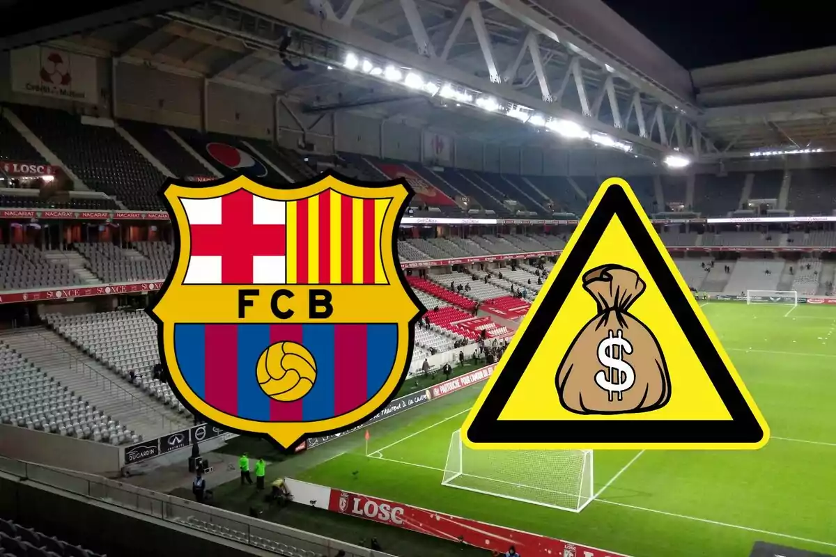 Escudo del FC Barcelona y señal de advertencia con un saco de dinero sobre un estadio de fútbol vacío.