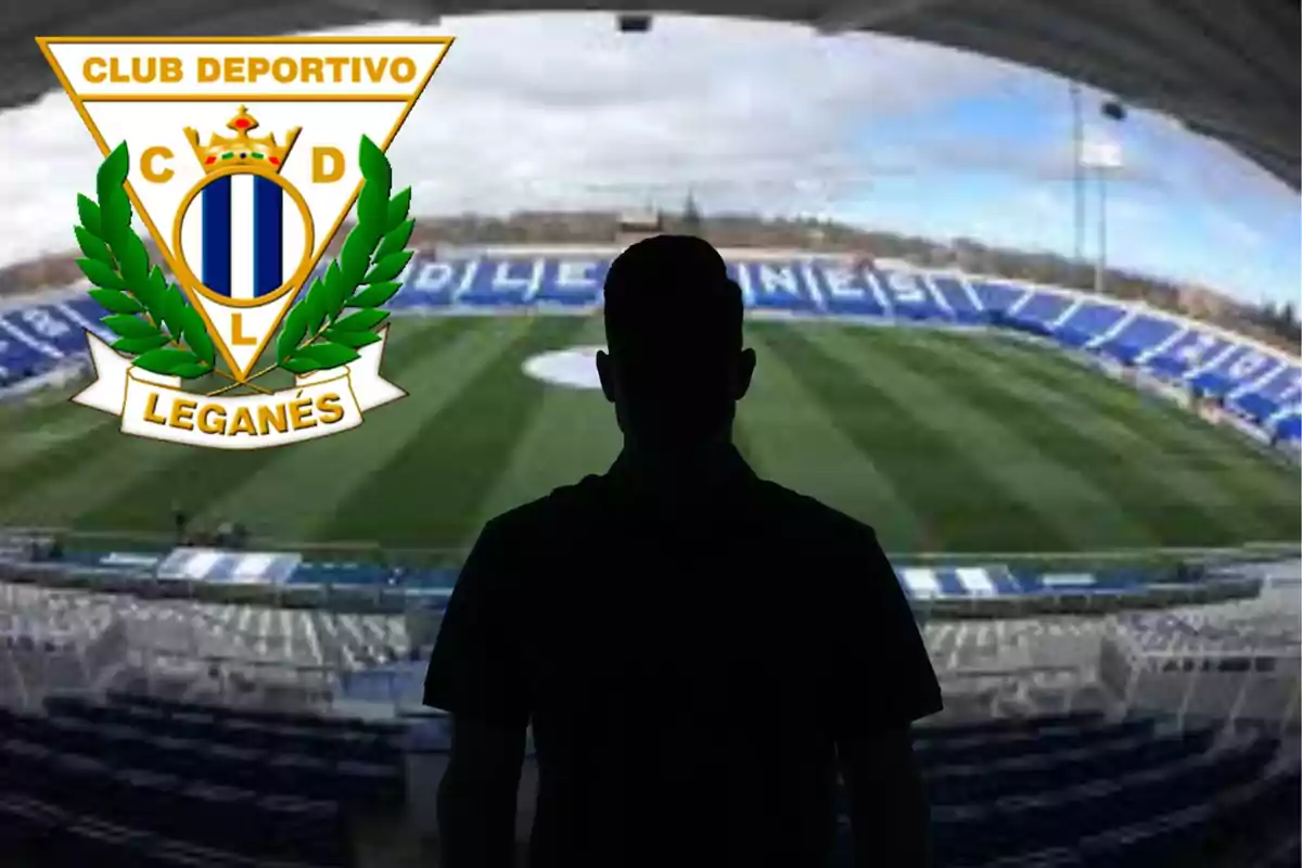 Montage con el estadio de Butarque, una sombra negra en el centro y el escudo del Leganés arriba a la izquierda