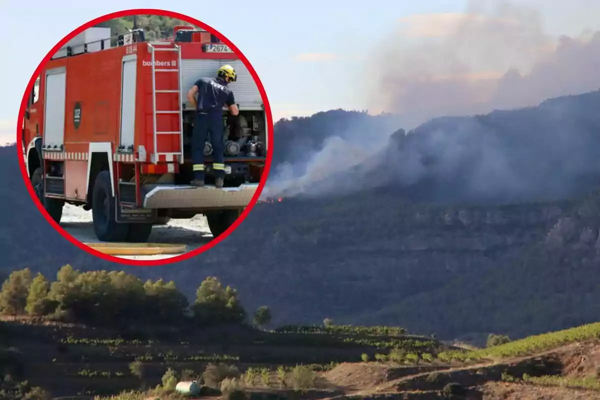 Un camión de bomberos con un bombero trabajando en él, enmarcado en un círculo rojo, y al fondo un paisaje montañoso con un incendio forestal.