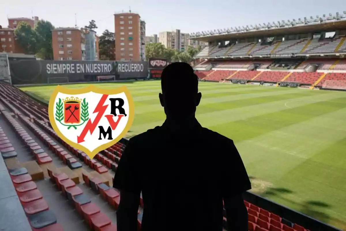 Montage con el estadio de Vallecas, una sombra negra en el centro y el escudo del Rayo Vallecano a la izquierda de la imagen