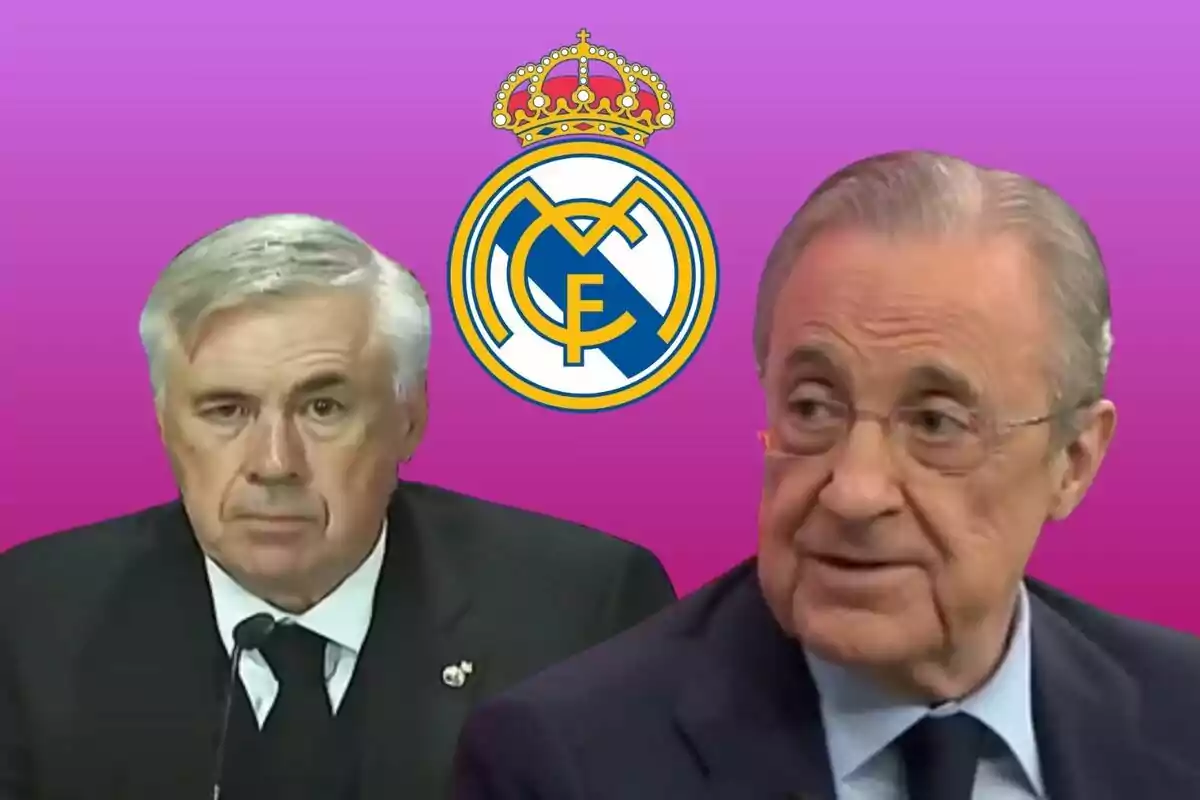 Dos hombres con trajes formales frente al logo del Real Madrid sobre un fondo morado.