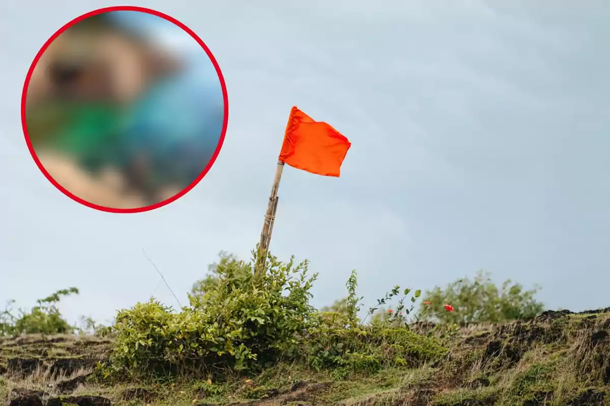 Una bandera roja ondea en un mástil de madera sobre un terreno cubierto de vegetación, con un cielo nublado de fondo y un círculo borroso en la esquina superior izquierda.