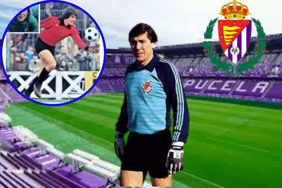 Un portero de fútbol con uniforme azul y negro está en un estadio con asientos morados y el escudo del Real Valladolid, en un círculo se muestra una imagen de él en acción durante un partido.