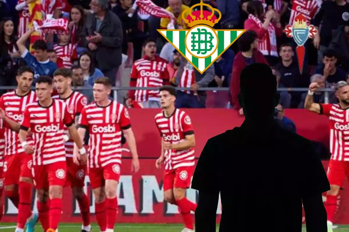 Montage con el estadio de Montilivi y los jugadores del Girona FC, una sombra negra a la derecha, y los escudos de Real Betis y Celta de Vigo en el centro hacía la derecha