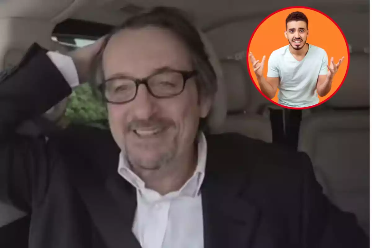 Montaje con una imagen de Ramon Madaula en el programa "Al cotxe!" de TV3. A la derecha una imagen con un hombre indignado