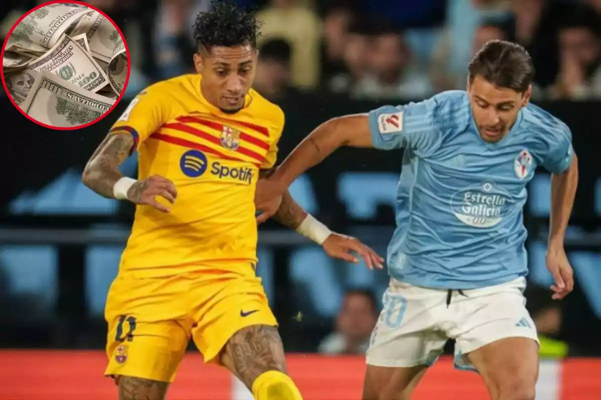 Montage con una foto de dinero arriba a la izquierda y en el centro el jugador del FC Barcelona Raphinha en un partido de liga contra el Celta de Vigo