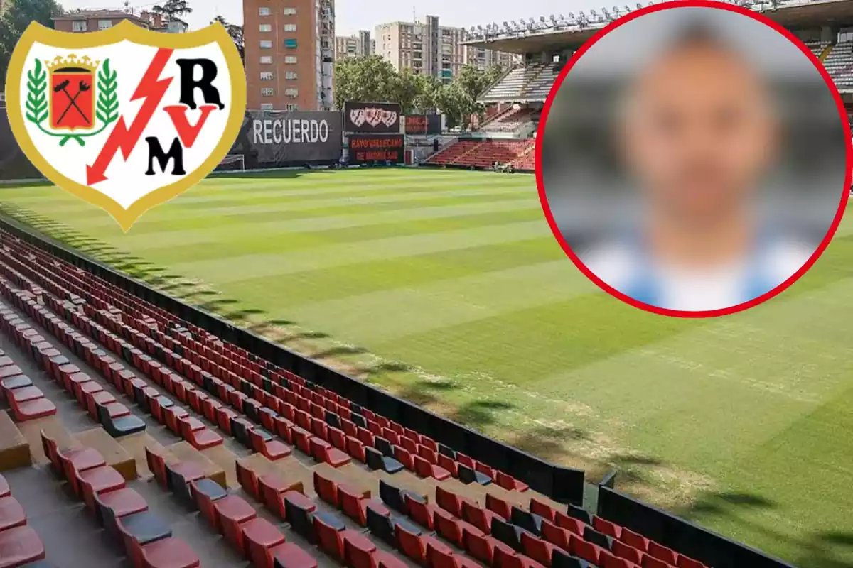 Montaje donde sale el Estadio de Vallecas, con el logo del Rayo Vallecano arriba a la izquierda y una redonda difuminada arriba a la derecha