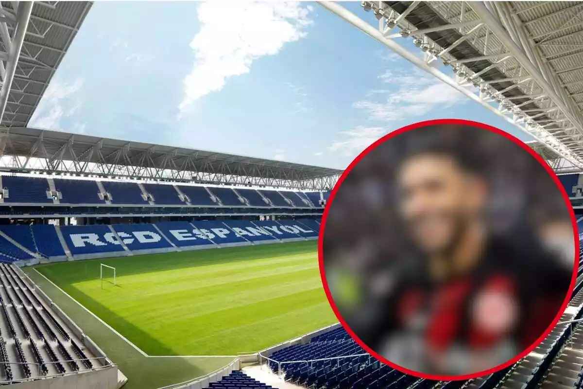 Montaje con una imagen del estadio del RCD Espanyol y a la derecha, dentro de un círculo y difuminado, el futbolista referenciado en la noticia