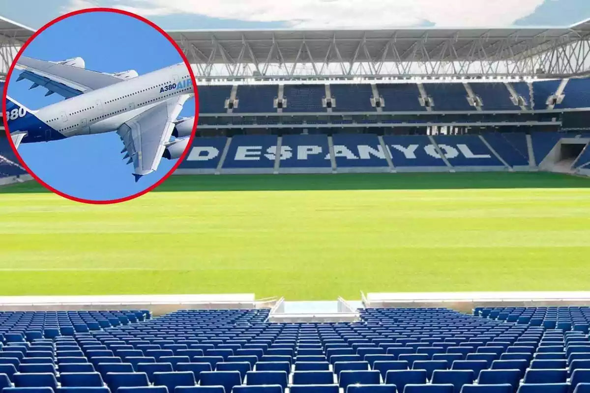 Montaje del estadio del RCD Espanyol y un avión dentro de un círculo para simbolizar la salida de Luca Kholeoso