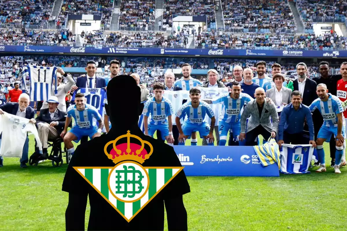 Montage con el equipo del Málaga y una sombra negra con el escudo del Real Betis