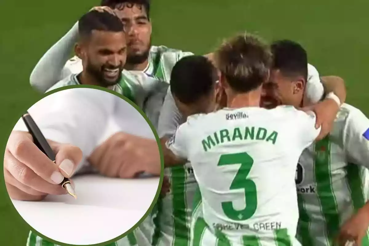 Montaje con una imagen de jugadores del Real Betis celebrando un gol y en la esquina inferior izquierda una mano firmando