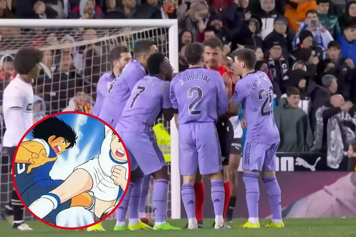 Montaje con una imagen de futbolistas del Real Madrid durante el partido contra el Valencia. En la esquina inferior izquierda, dentro de un círculo, fotograma de la serie 'Campeones'