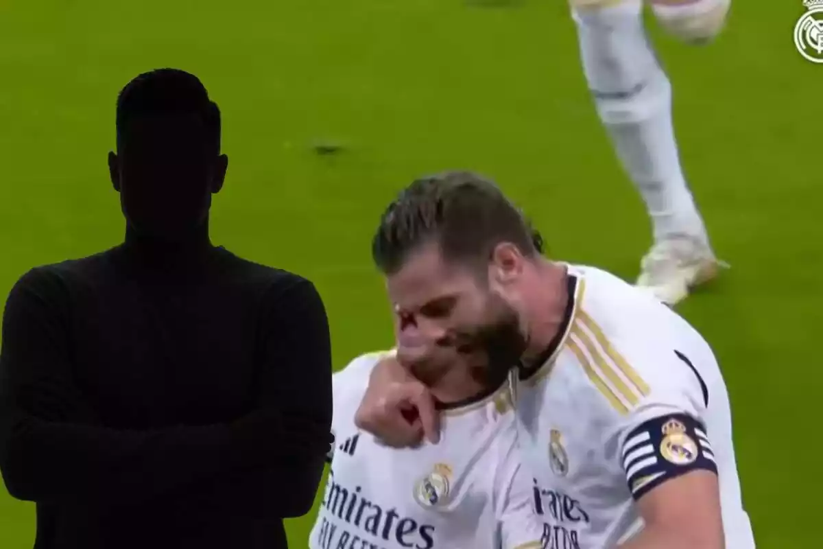 Montaje con una imagen de futbolistas del Real Madrid celebrando un gol y a la izquierda un hombre de negro representando al futbolista que puede generar peligro al Real Madrid