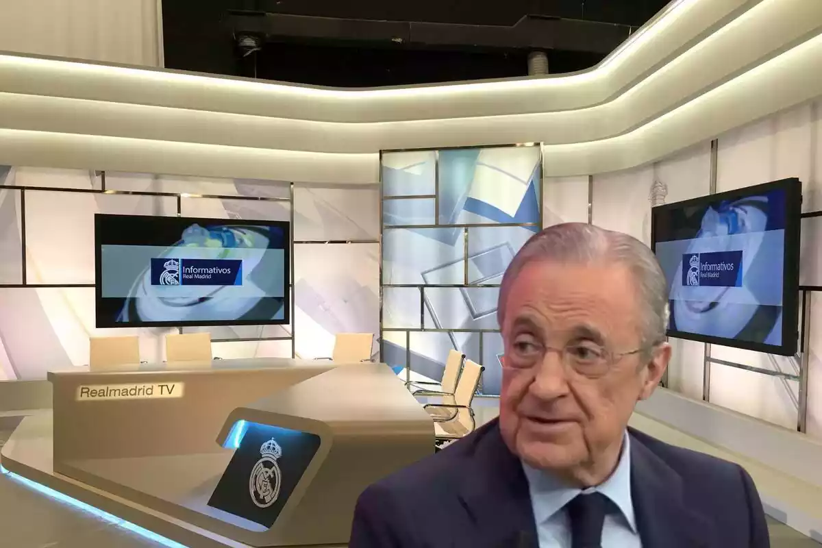Estudio de Real Madrid Televisión con foto de Florentino Pérez