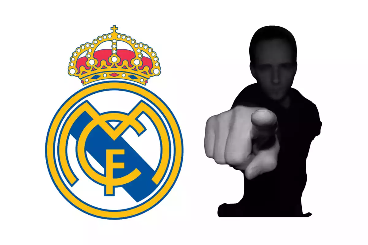 Montaje con una imagen del escudo del Real Madrid. A la derecha una imagen con una persona acusando
