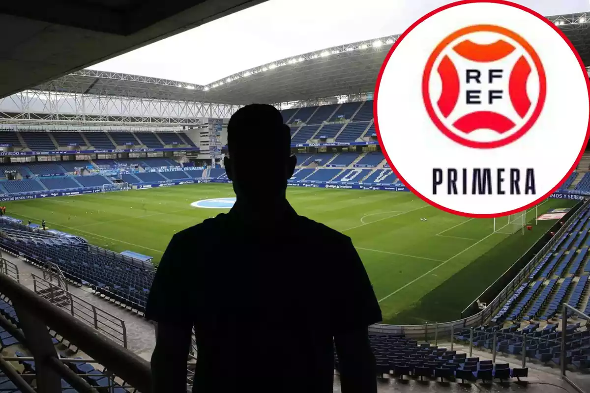 Montage del estadio Carlos Tartiere, una sombra negra y un círculo arriba a la derecha con el logo de Primera RFEF