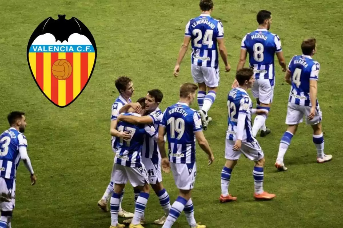 Montaje con una imagen de futbolistas de la Real Sociedad celebrando un gol. En la esquina superior izquierda, el escudo del Valencia CF