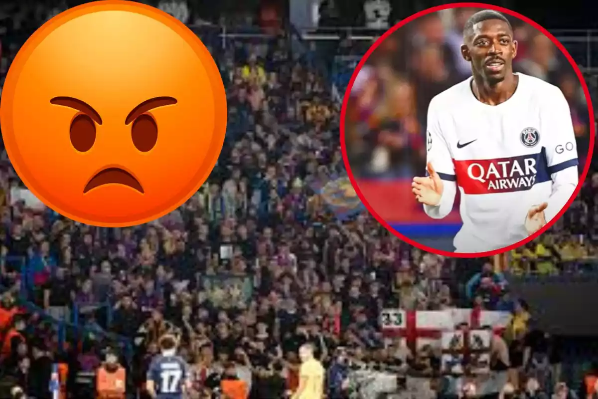 Montage con la afición del Barça en el Estadio Luís Companys, un emoticono enfadado arriba a la izquierda y un círculo con Ousmane Dembélé arriba a la derecha