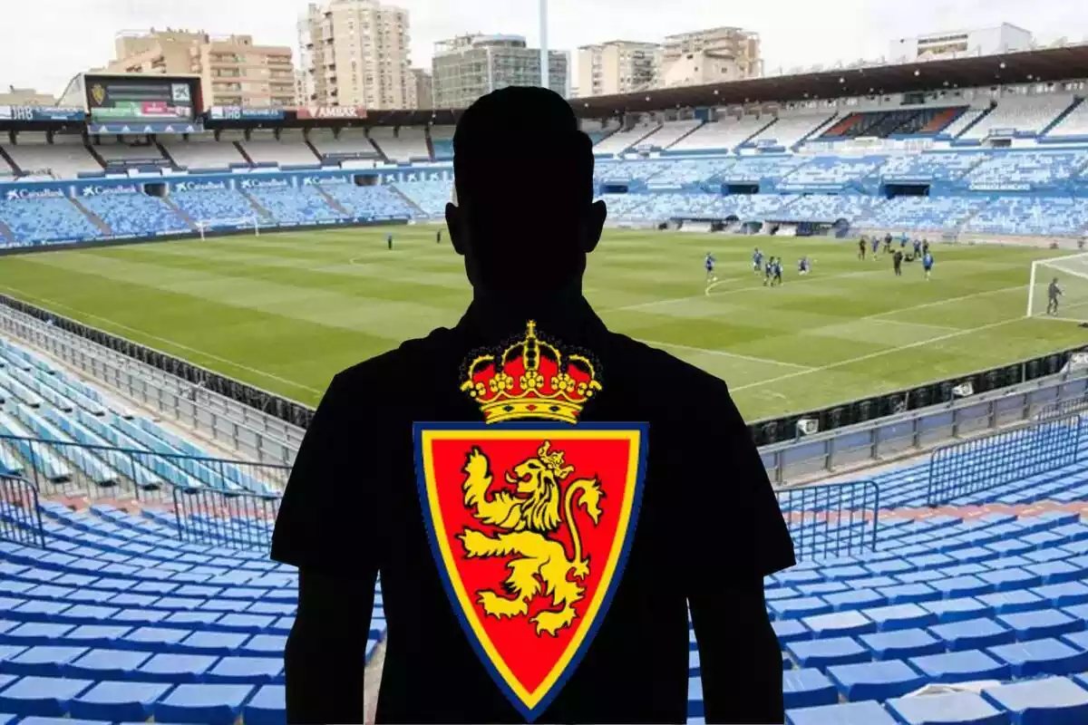 Montage con el Estadio de La Romareda y una sombra negra en el centro con el logo del Real Zaragoza