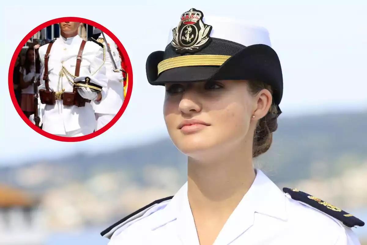 Una joven cadete de la marina con uniforme blanco y gorra con insignia, con un recuadro que muestra a otro cadete en uniforme similar.