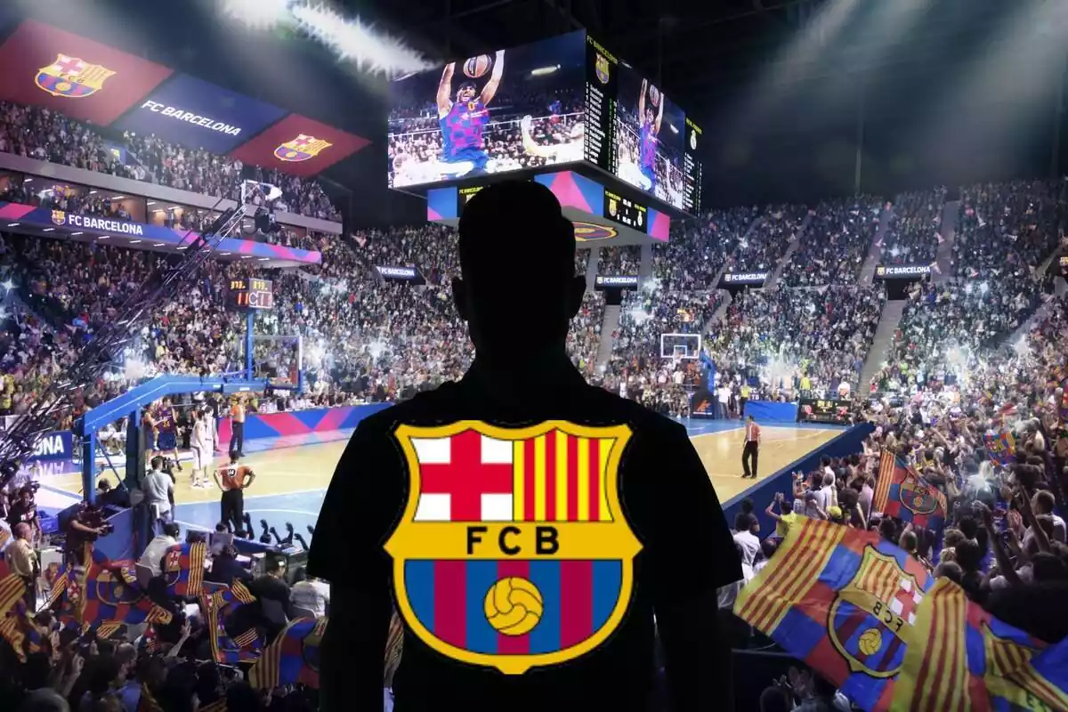 Montage con el Palau Blaugrana y una sombra negra en el centro con el escudo del FC Barcelona