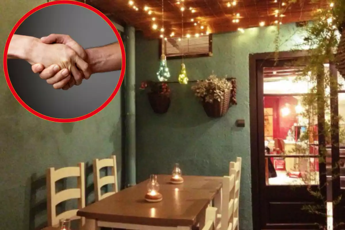Montaje con una imagen de un restaurante de Moià. A la izquierda una imagen con un apretón de manos