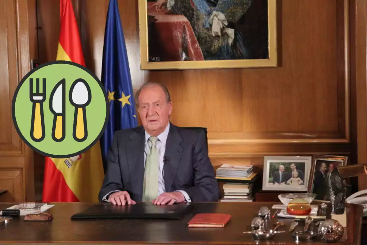 Montaje con una imagen del Rey Juan Carlos. A la izquierda un emoticono con un símbolo de restaurante