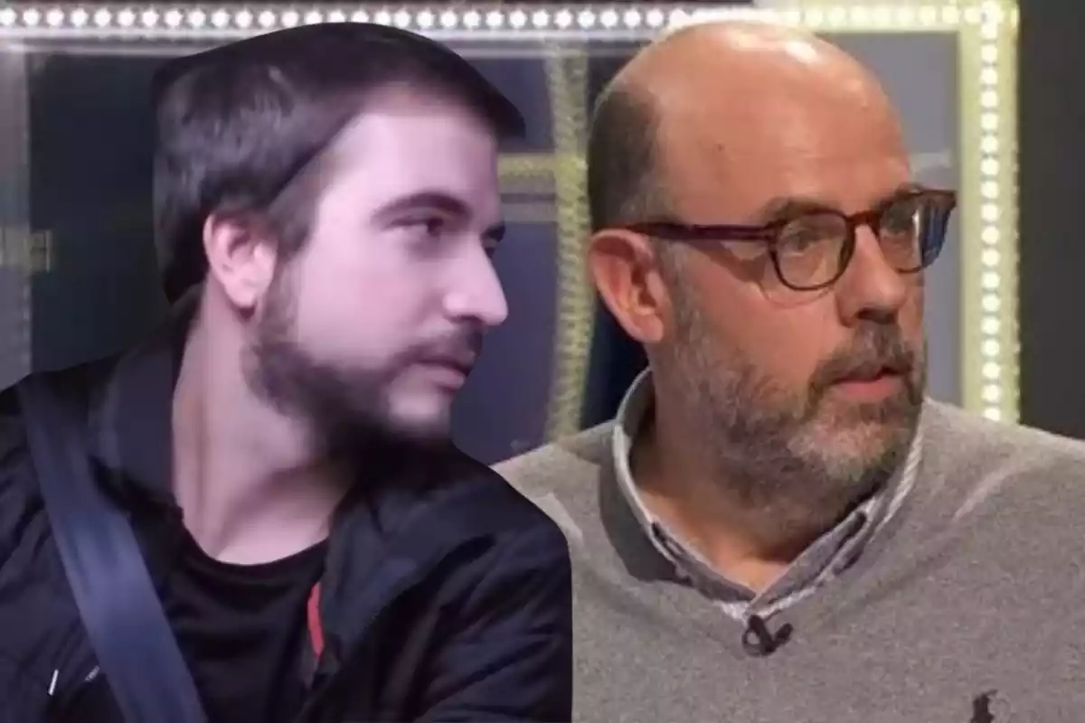 Montaje con una imagen de Jordi Basté durante una entrevista. A la izquierda una imagen con Ricard Ustrell durante su intervención en el programa "Al cotxe"