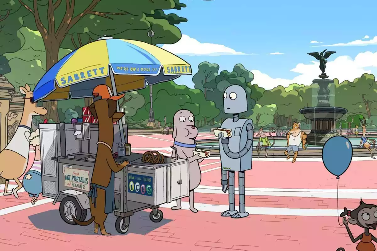 Imagen de la película Robot Dreams en la que se ve a dos personajes en un puesto de comida callejera
