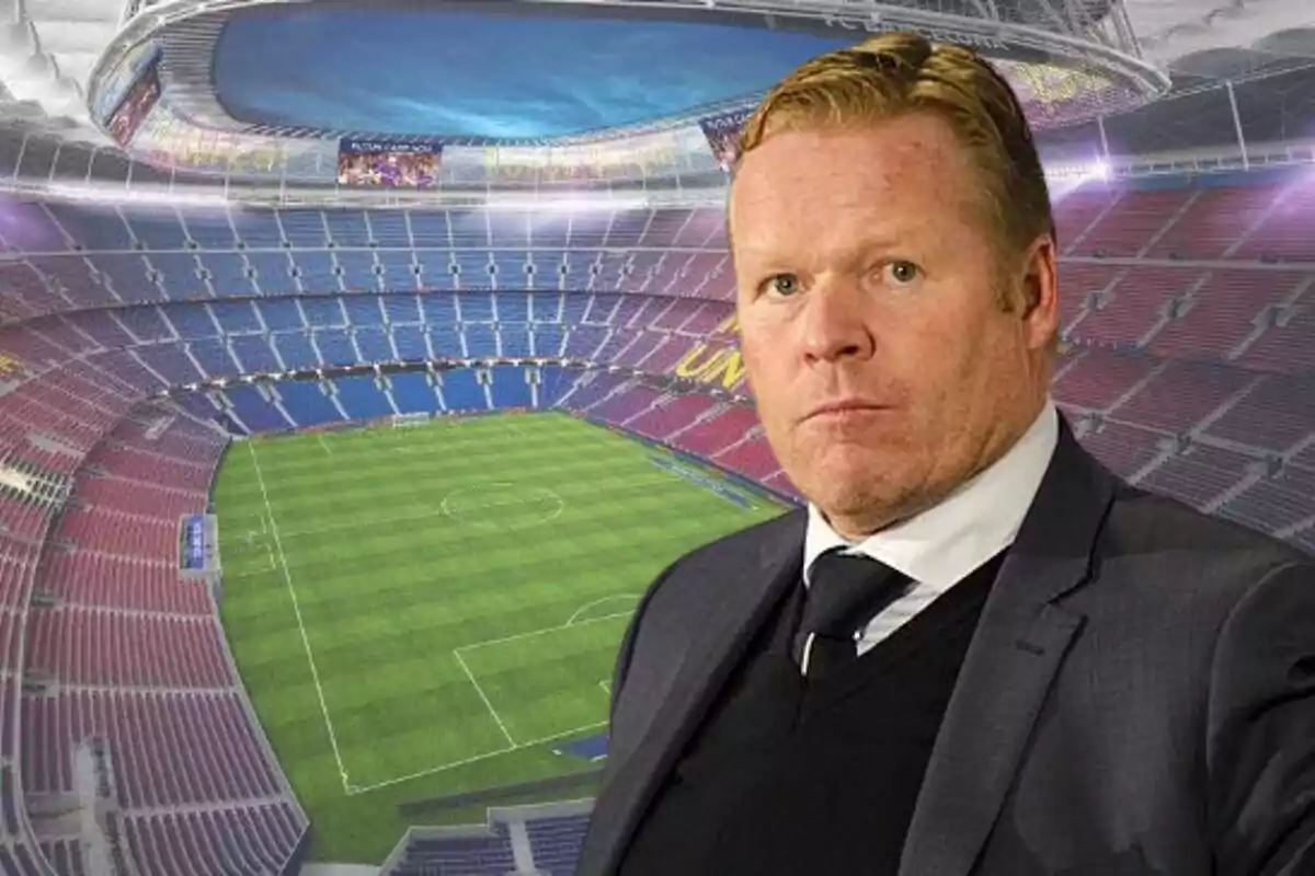 Montaje con una imagen del Camp Nou de fondo y en primer término a la derecha, imagen de Ronald Koeman con un semblante serio