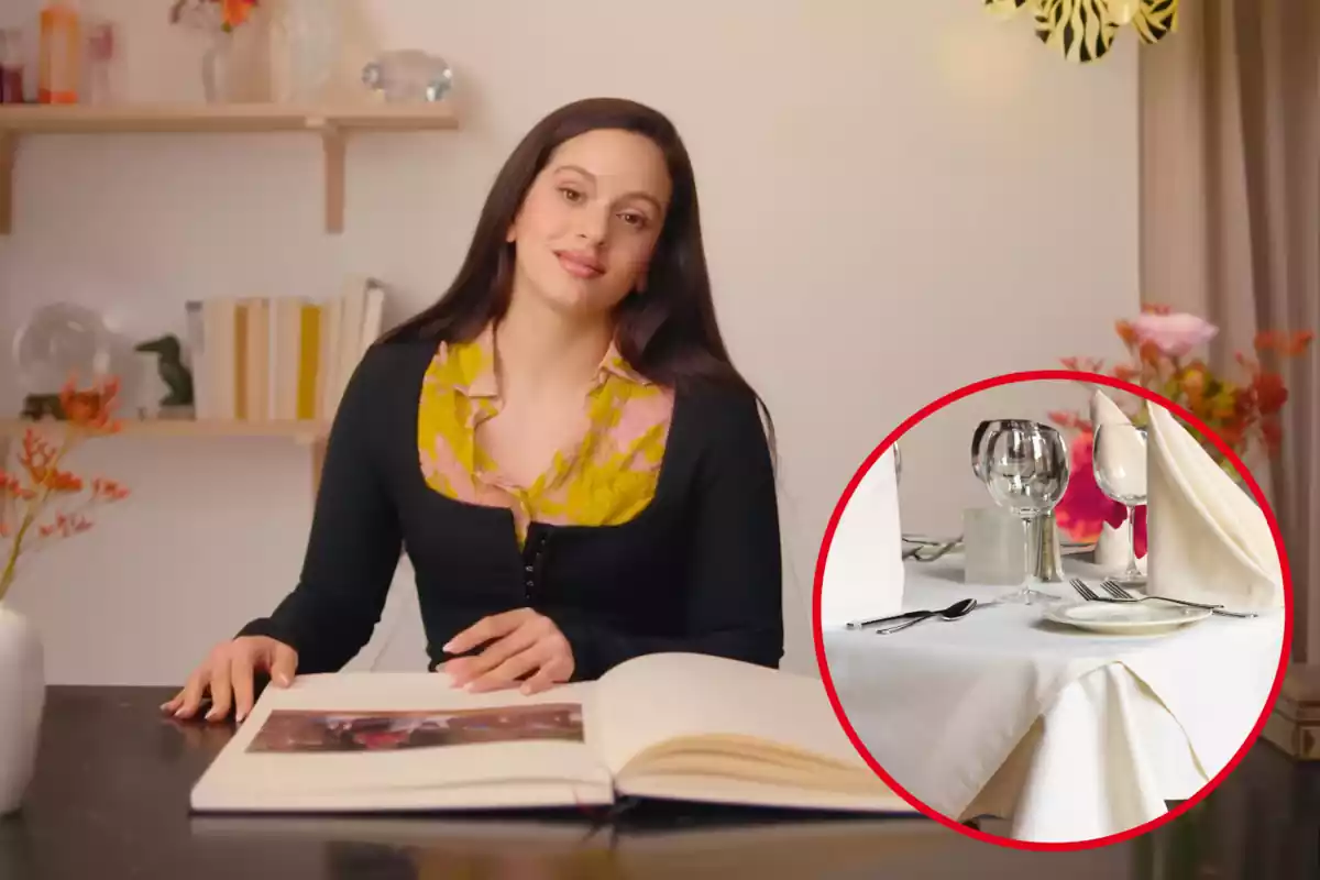 Montaje con una imagen de Rosalía durante un reportaje de la revista Vogue. A la derecha una imagen con la mesa de un lujoso restaurante