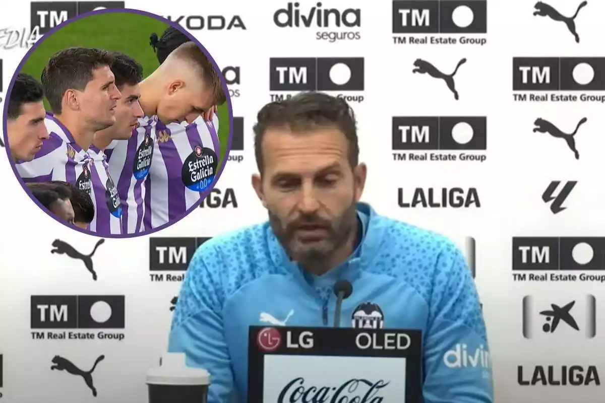 Montaje con una imagen de Rubén Baraja en rueda de prensa y en la esquina superior izquierda, dentro de un círculo, futbolistas del Real Valladolid guardando un minuto de silencio durante un partido