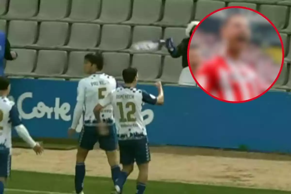 Montaje con una imagen de futbolistas del CE Sabadell celebrando un gol y en la esquina superior derecha, dentro de un círculo y difuminado, el futbolista del que habla la noticia