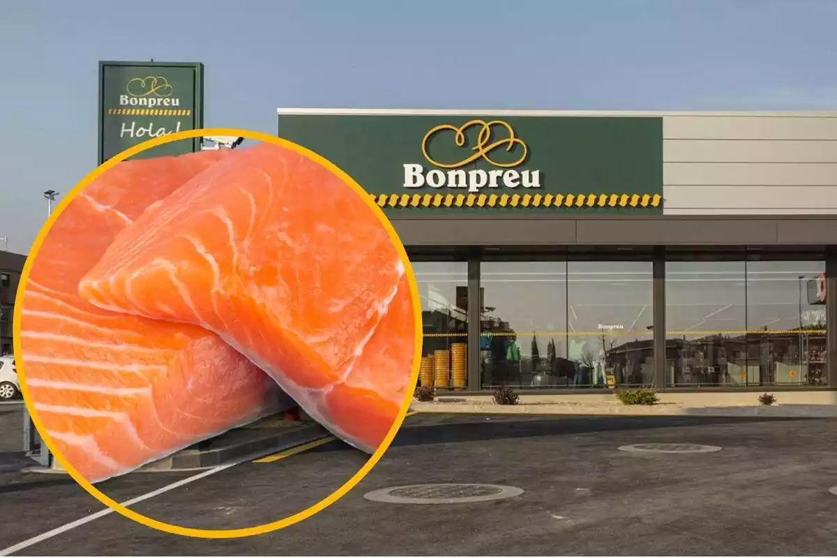 Montaje con una imagen del exterior en un establecimiento Bonpreu y a la izquierda, dentro de un círculo, dos trozos de salmón crudo