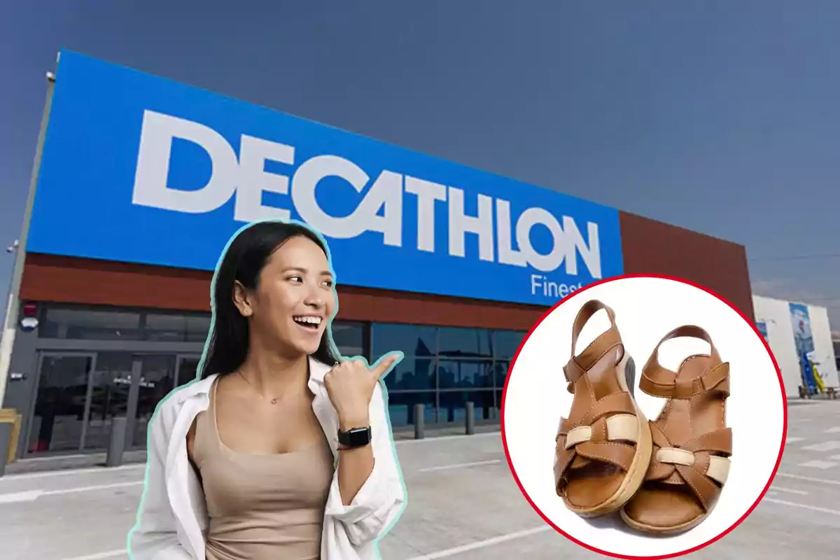 Mujer sonriendo y señalando hacia un par de sandalias frente a una tienda Decathlon.