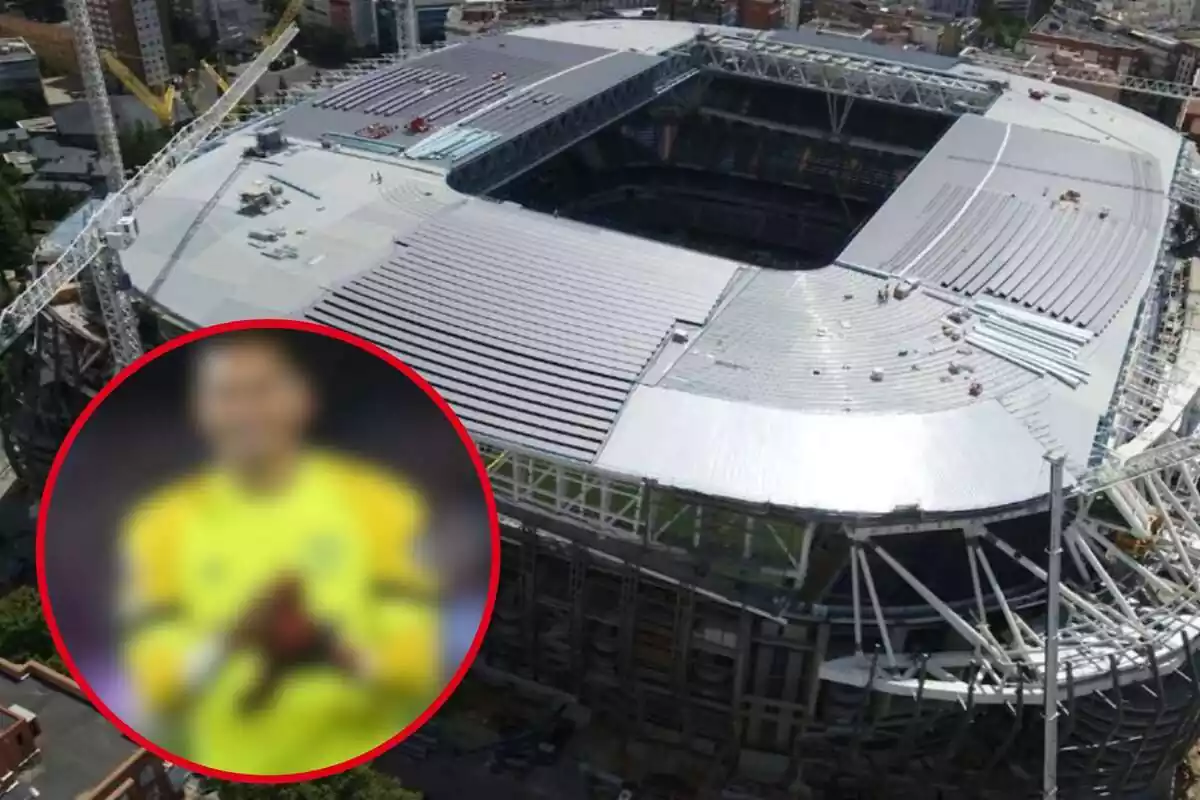 Montaje con una imagen del estadio Santiago Bernabeu y en la esquina inferior izquierda, dentro de un círculo, el jugador referenciado en la noticia