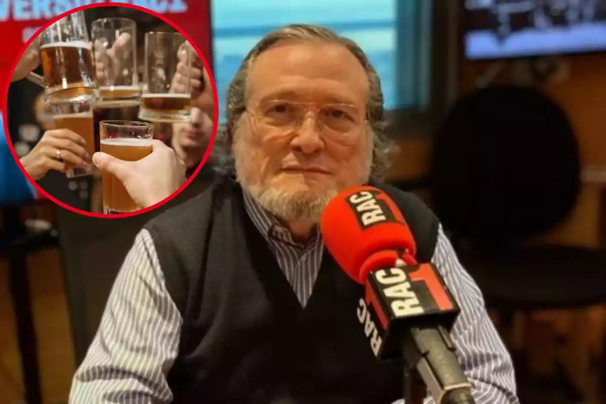 Montaje con una imagen de Santiago Niño Becerra durante una entrevista en RAC1. A la izquierda una imagen de personas brindando con cervezas en un bar
