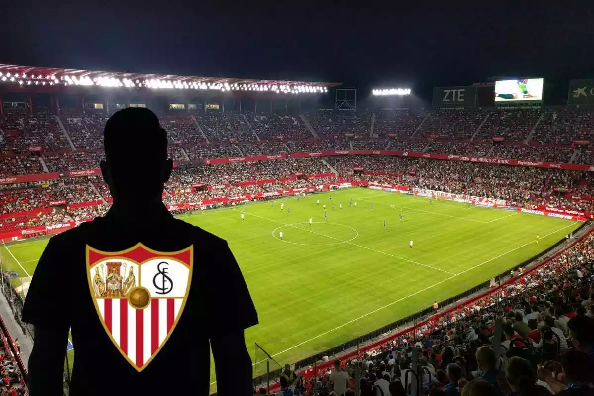 Montaje con una imagen del estadio Sánchez Pizjuán de fondo y en primer término una sombra negra de hombre. Dentro de la sombra, el escudo del Sevilla