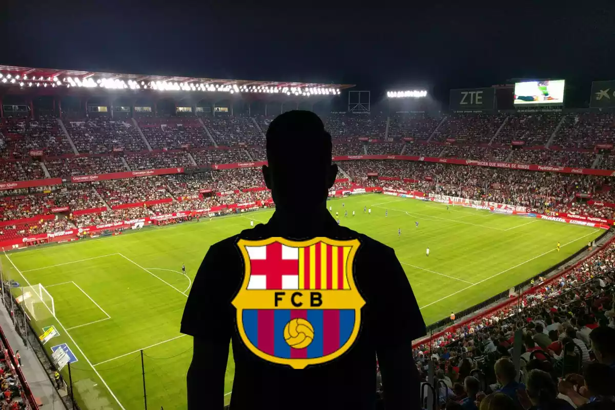Montage con el Estadio Sánchez Pizguán y una sombra negra en el centro con el escudo del FC Barcelona