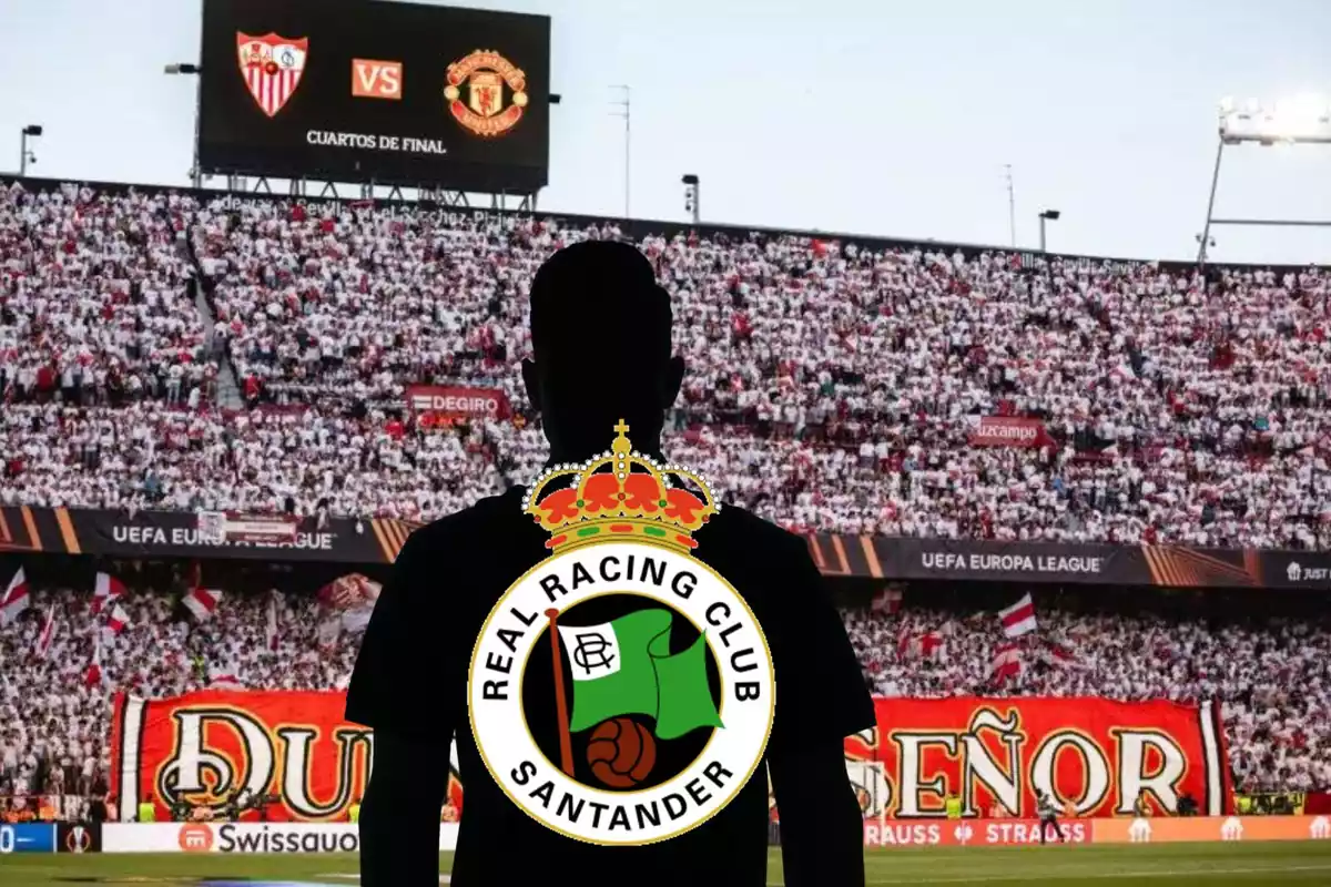 Montage con el estadio Sánchez Pizguán, con una sombra negra en el centro y el escudo del Racing de Santander